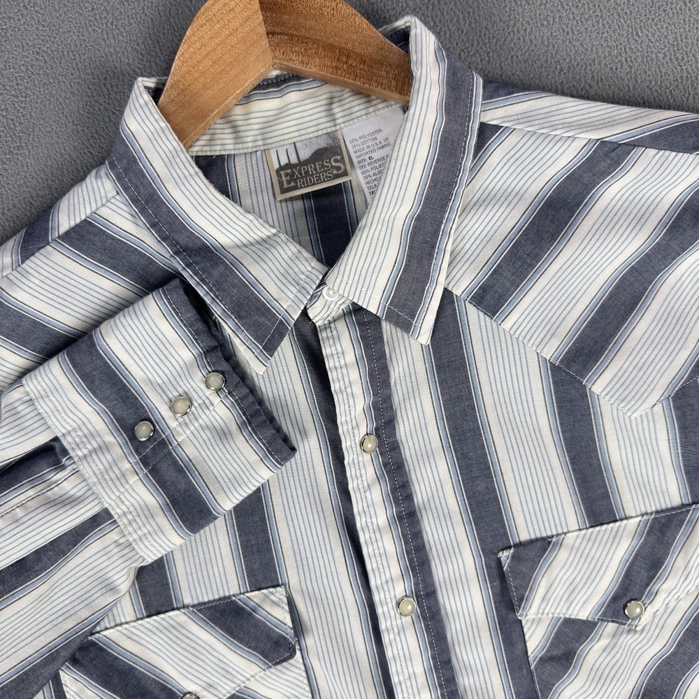 Express Riders‎ Pearl Snap Shirt XL Blue White Western Yoke Pocket Cowboy USA